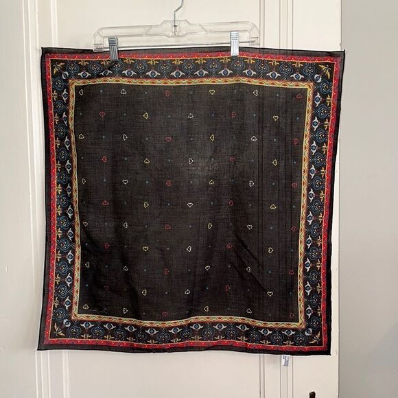 Vintage 1986 Ginnie Johansen large black cotton square scarf/paisley border - Picture 1 of 10